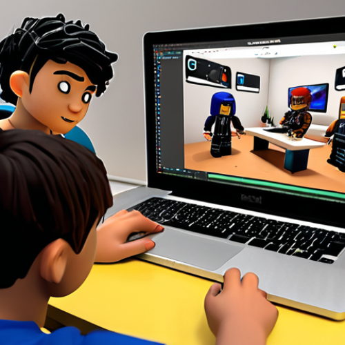 Home 11 **Prompt:** A diverse group of young Roblox game developers working together collaboratively. One person is coding on a laptop, another is designing a 3D model, and a third is sketching UI concepts. They are gathered around a central display showing a Roblox game in progress, symbolizing clear roles and balanced skills in a harmonious environment.