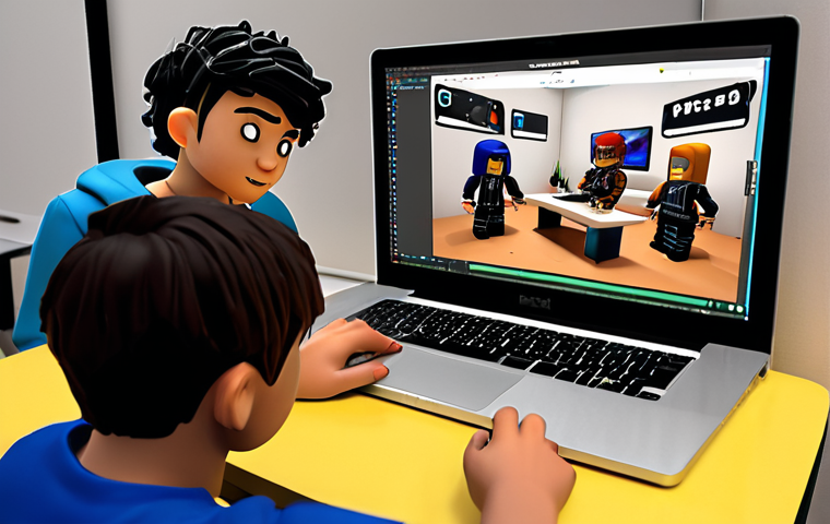**Prompt:** A diverse group of young Roblox game developers working together collaboratively. One person is coding on a laptop, another is designing a 3D model, and a third is sketching UI concepts. They are gathered around a central display showing a Roblox game in progress, symbolizing clear roles and balanced skills in a harmonious environment.